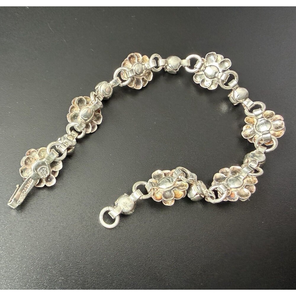 VINTAGE 50s TAXCO MEXICO STERLING SILVER TURQUOISE BLOSSOM FLOWER BRACELET 6.5” - Picture 11 of 16
